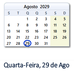 29 Agosto 2029 calendario