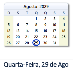 29 Agosto 2029 calendario