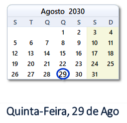 29 Agosto 2030 calendario