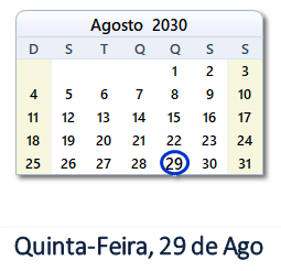 29 Agosto 2030 calendario