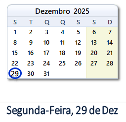 29 Dezembro 2025 calendario