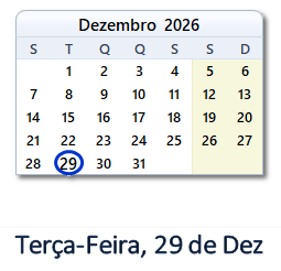 29 Dezembro 2026 calendario