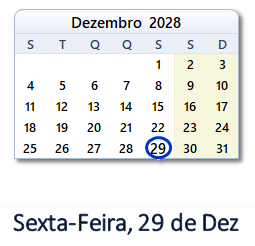 29 Dezembro 2028 calendario