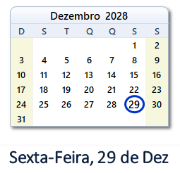 29 Dezembro 2028 calendario