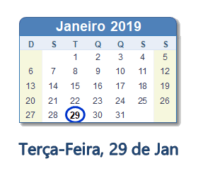 29 Janeiro 2019 calendario