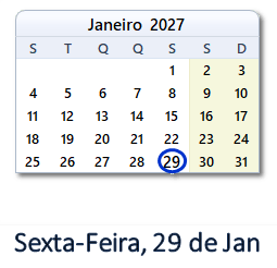 29 Janeiro 2027 calendario