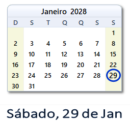29 Janeiro 2028 calendario