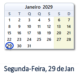 29 Janeiro 2029 calendario
