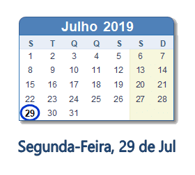 29 Julho 2019 calendario