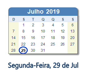 29 Julho 2019 calendario