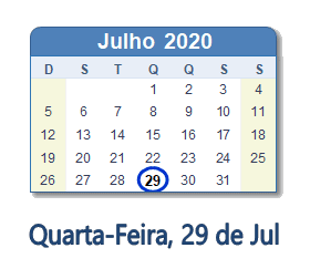 29 Julho 2020 calendario