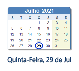 29 Julho 2021 calendario