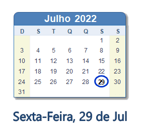 29 Julho 2022 calendario