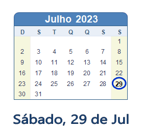 29 Julho 2023 calendario