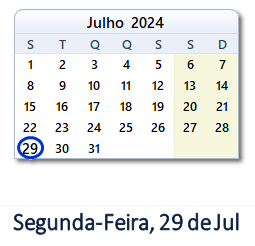 29 Julho 2024 calendario