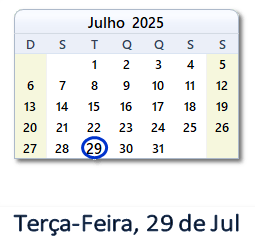 29 Julho 2025 calendario