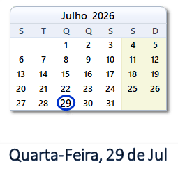 29 Julho 2026 calendario