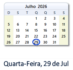 29 Julho 2026 calendario