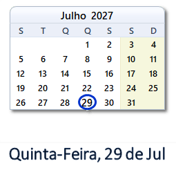 29 Julho 2027 calendario