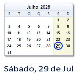 29 Julho 2028 calendario