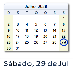29 Julho 2028 calendario