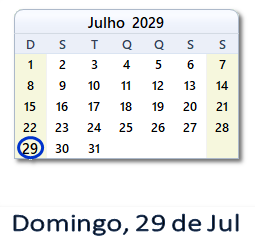 29 Julho 2029 calendario