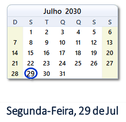 29 Julho 2030 calendario