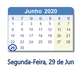 29 Junho 2020 calendario