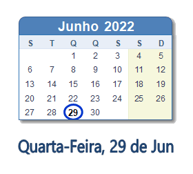 29 Junho 2022 calendario