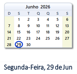29 Junho 2026 calendario