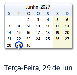 29 Junho 2027 calendario