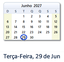 29 Junho 2027 calendario