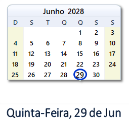 29 Junho 2028 calendario