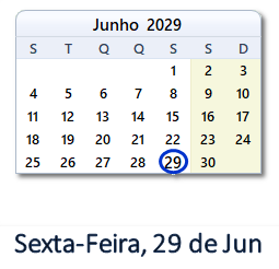 29 Junho 2029 calendario