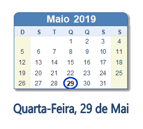 29 Maio 2019 calendario
