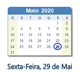 29 Maio 2020 calendario