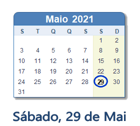 29 Maio 2021 calendario