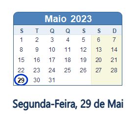 29 Maio 2023 calendario