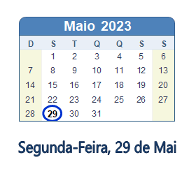 29 Maio 2023 calendario