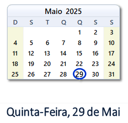 29 Maio 2025 calendario