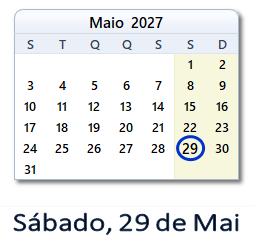 29 Maio 2027 calendario