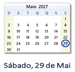 29 Maio 2027 calendario