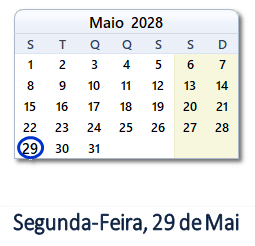 29 Maio 2028 calendario