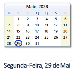 29 Maio 2028 calendario