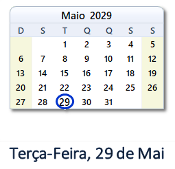 29 Maio 2029 calendario