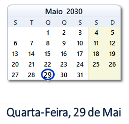 29 Maio 2030 calendario