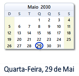29 Maio 2030 calendario