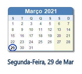 29 Março 2021 calendario