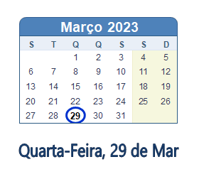 29 Março 2023 calendario