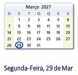 29 Março 2027 calendario